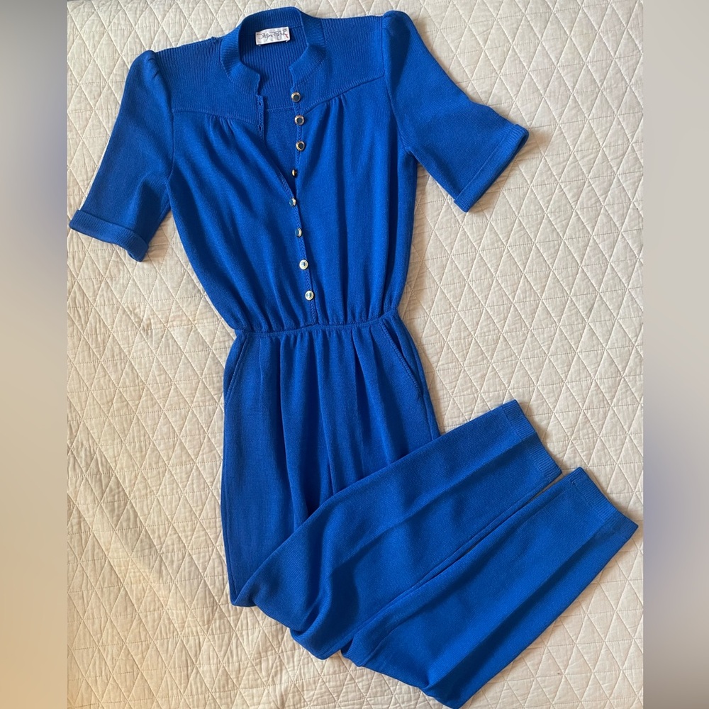 ST. JOHN Vintage Ultra Rare Script 80's Label Santana Knit Blue Jumpsuit Size 6?